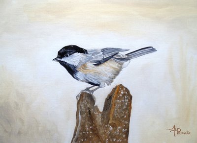 Chickadee On Wood Stump by Angeles M. Pomata