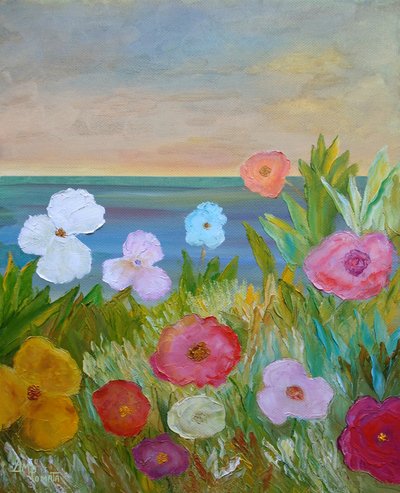 Colorful Flowers Ocean View by Angeles M. Pomata