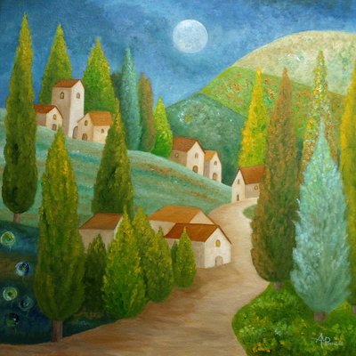 Moonlit Tuscan Village by Angeles M. Pomata