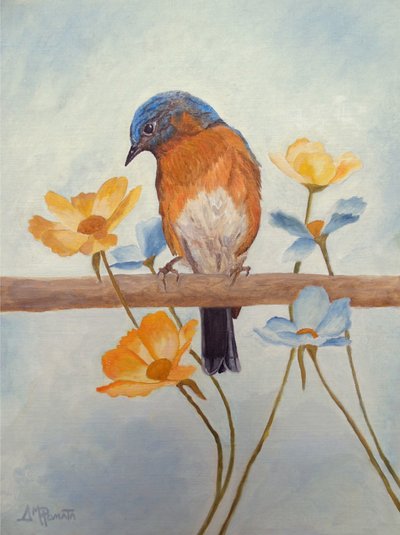 Spring Bluebird and Flowers by Angeles M. Pomata