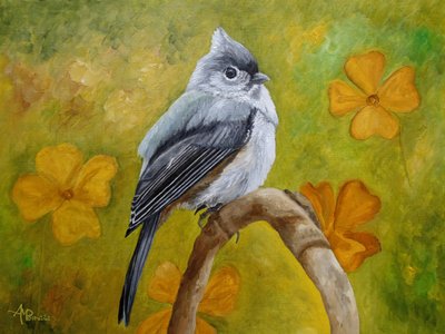 Tufted Titmouse And Flowers by Angeles M. Pomata