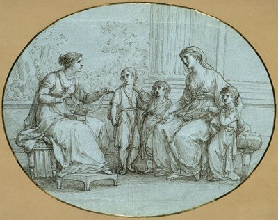 Cornelia, Mother of the Gracchi, Sits (Right) Opposite a Wealthy Roman Woman, Showing Her Her Three Children as Her Most Precious Possession by Angelica Kauffmann