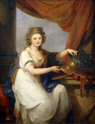 Portrait of Countess Catherine Skavronska, Seated Three-Quarter Length, in Neo-Classical Dress, by a Draped Curtain, Adorning a Helmet, Inscribed "Potemkin Taurico", with a Wreath, 1789 by Angelica Kauffmann