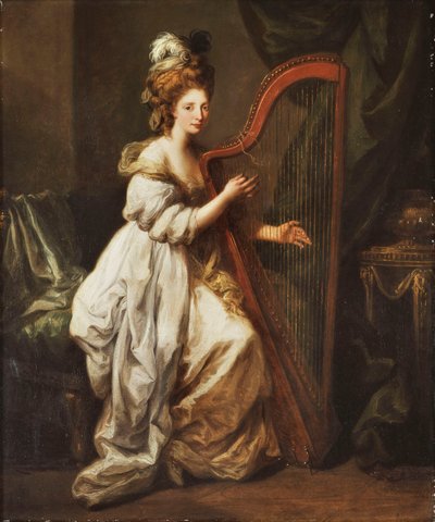 Portrait of Elizabeth Ewer, full-length, seated in a White Dress with a Yellow Shawl, Playing a Harp, in an Interior by Angelica Kauffmann