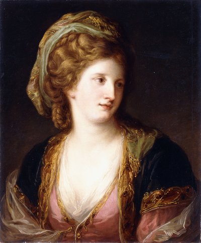 Portrait of the Artist, Bust Length, Wearing a Pink Dress and a Gold Embroidered Blue Robe by Angelica Kauffmann