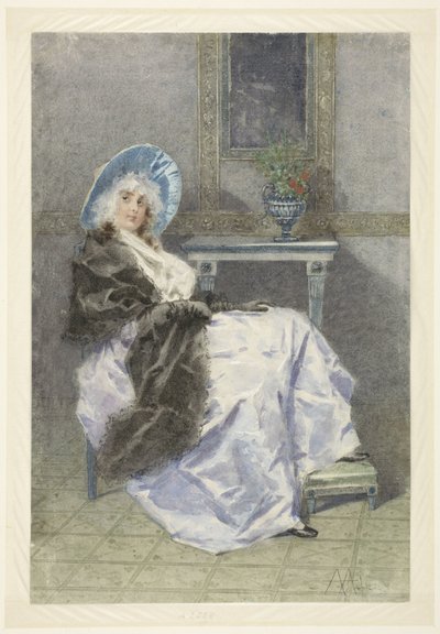 Seated Young Woman with Black Shawl and Purple Skirt by Angelo Achini