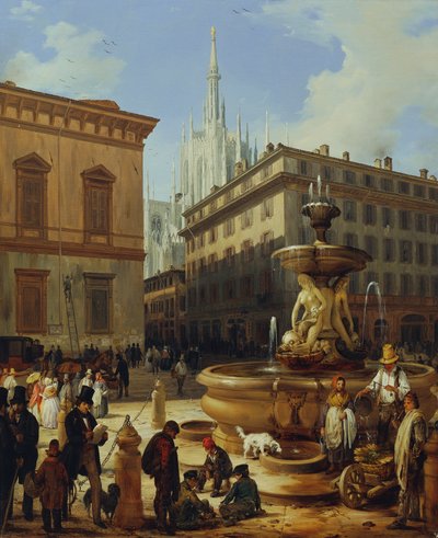 Street View of Milan, with the Cathedral in the Background by Angelo Inganni