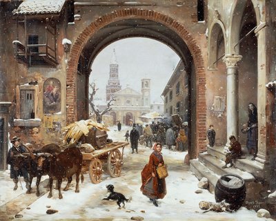 Winter Market in front of the Abbey of Clairvaux by Angelo Inganni