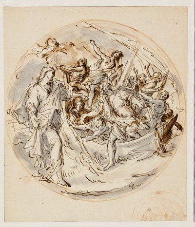 Tondo with Christ Bidding Peter to Walk on the Water, and a Fragment of Smaller Sketch for the Same by Angelo de