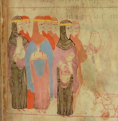 Women wearing gold headbands, from the Aelfric Pentateuch, from St. Augustine