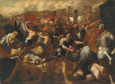 The Battle between the Israelites and the Amalekites overlooked by Moses, his arms held aloft by Aaron and Hur by Aniello Falcone