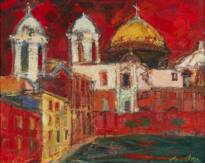 Cadiz Cathedral And Buildings, Red Sky by Ann Oram