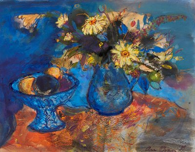 Flowers and Fruit on Blue and Orange by Ann Oram
