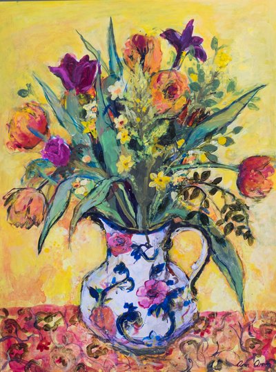 Jug of Spring Flowers on a Yellow Ground by Ann Oram