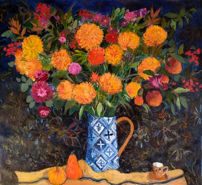 Orange Chrysanthemums on a Tapestry Cloth by Ann Oram