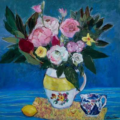 Peonies in a Yellow and White Jug by Ann Oram
