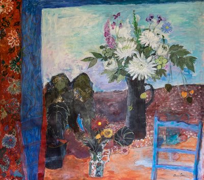Still Life with Flowers and a Blue Chair by Ann Oram