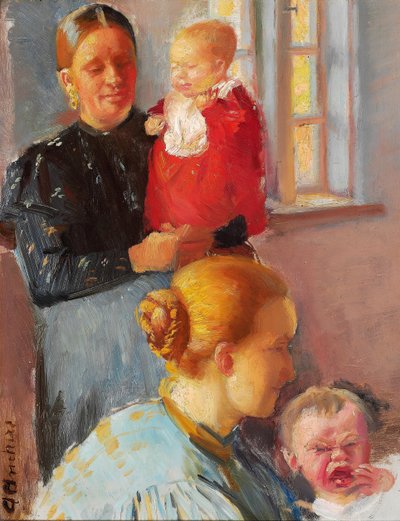 Two Young Mothers with Their Small Children. Study for “Vaccination”. by Anna Ancher
