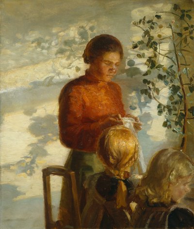 To Little Girls Teach Sewing, c.1910 by Anna Kirstine Ancher