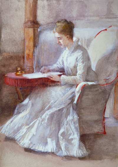 A Woman in White Writing at a Desk by Anna Lea Merritt