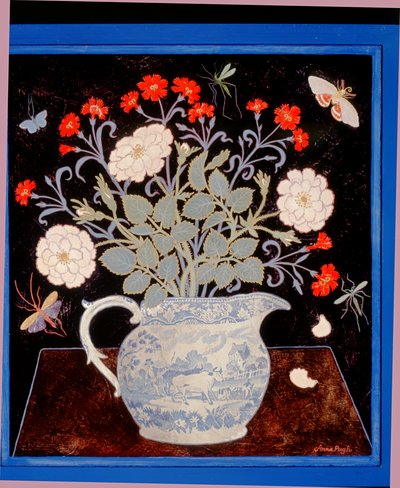 Blue Jug and Red Pinks by Anna Pugh