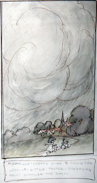 Aquarillo looked down and could see lots of little people scurrying about down on the earth by Anne Anderson