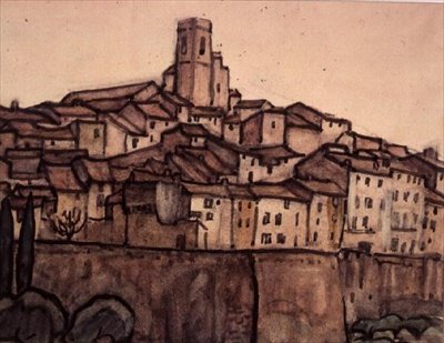 View of a Walled Town with Roof Rising to a Square Tower on a Hill by Anne L. Falkner