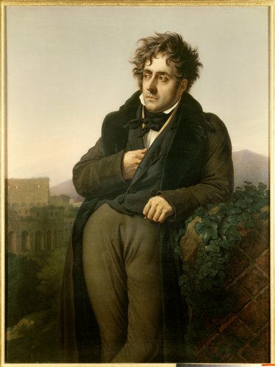 Portrait of Francois Rene, Viscount of Chateaubriand meditating on the ruins of Rome in front of a view of the Colosseum by Anne Louis Girodet de Roucy Trioson