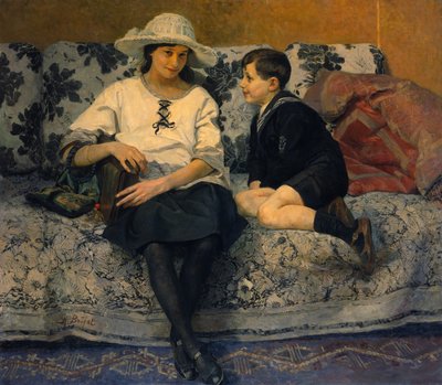 A Young Girl and a Young Boy on a Sofa by Anne Marie Henriette Brejat