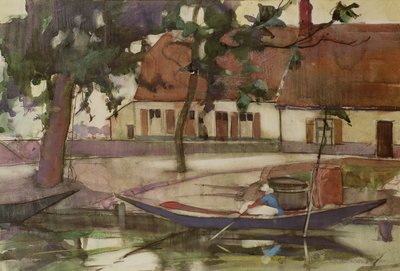 Boat on a Canal, French Village by Anne Redpath