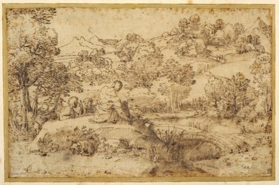 Landscape, in the foreground three men resting and a dog asleep, by a stream by Annibale (follower of) Carracci