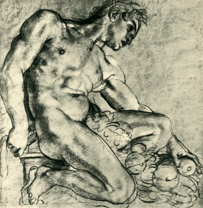 A Seated Ignudo with a Garland, 1598-1599 by Annibale Carracci