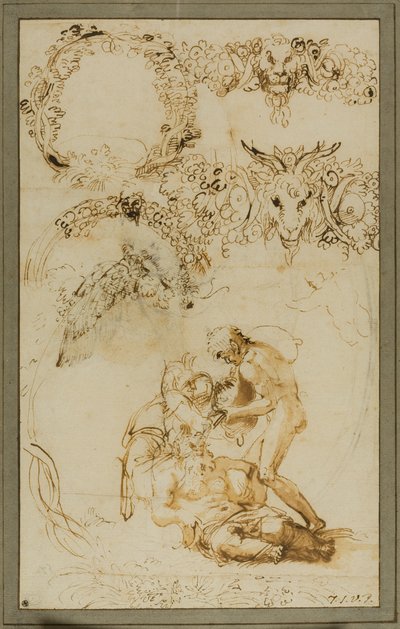 Drunken Silenus and Decorative Sketches: Studies for the Tazza Farnese (recto); Two Putti Fighting (verso) by Annibale Carracci