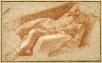 Recumbent youth posed nude, except for his hose pulled down to his ankles by Annibale Carracci