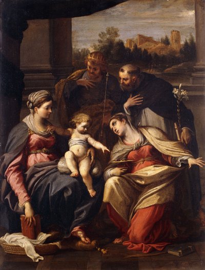 The Madonna and Child with Saints Lucy, Dominic and Louis of France, a landscape with a town through a casement beyond by Annibale Carracci
