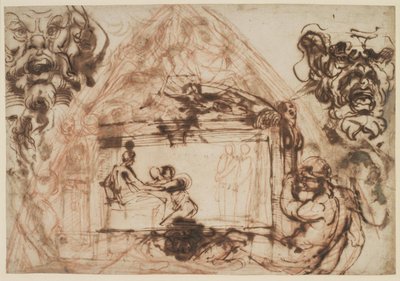 Draft for the Decoration of a Vault. For Galleria Farnese, Palazzo Farnese in Rome. Also Draft for Two Mascheroni by Annibale Carracci