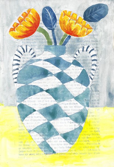 Checkered Vase Orange Flowers by Annick