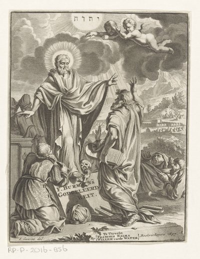 Allegorical Representation with Christ, Moses, and Kneeling Figure, Title Page for: Frans Burman, Theology, 1697 by Anonymous