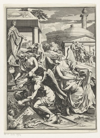 Allegorical Representation with History, Father Time with a Pot of Coins (Title Page for: Carl Patin, Imperatorum Romanorum Numismata) by Anonymous