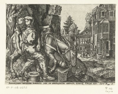 Good Samaritan Places the Wounded Man on His Donkey (series: Parable of the Good Samaritan) by Anonymous