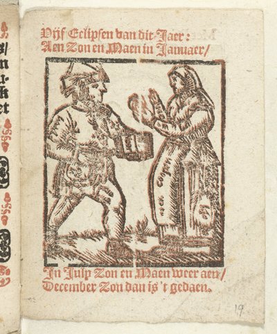 Page with Standing Figures of a Peddler and a Woman, 1712 In which Limb the Moon is / where you let blood / unless great need; As Plague / Pleuresis is / and such evil / also not without the Master