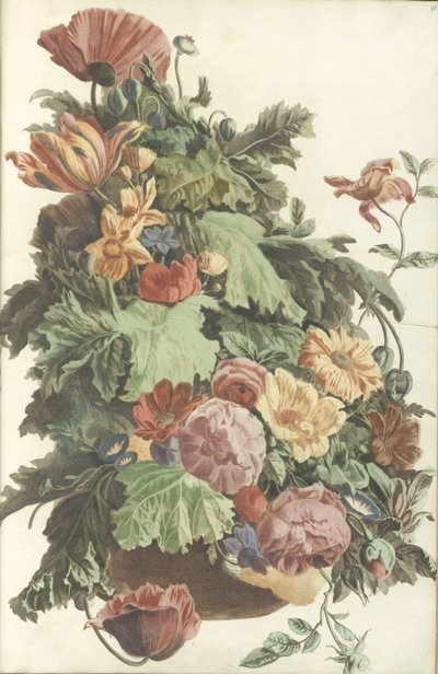 Flowers and leaves in a pot by Anonymous