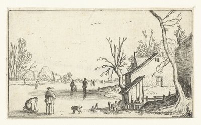 Farmhouse by Frozen River with Skaters on the Ice by Anonymous
