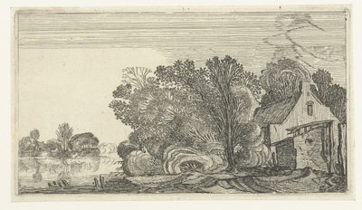 Farmhouse Between Trees by a River by Anonymous