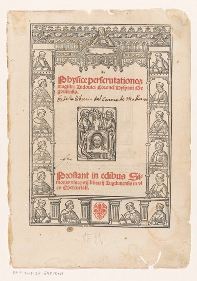 Decorative Frame with Fifteen Scholars (Title Page for: Luis Coronel, Physice Perscrutationes, 1511) by Anonymous