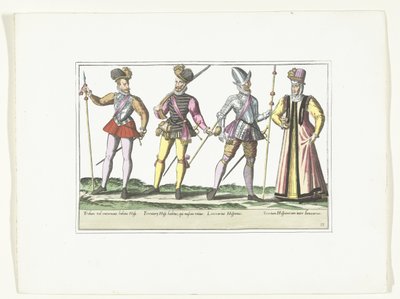 Three Spanish soldiers in uniform and a sutler, ca. 1580 by Anonymous