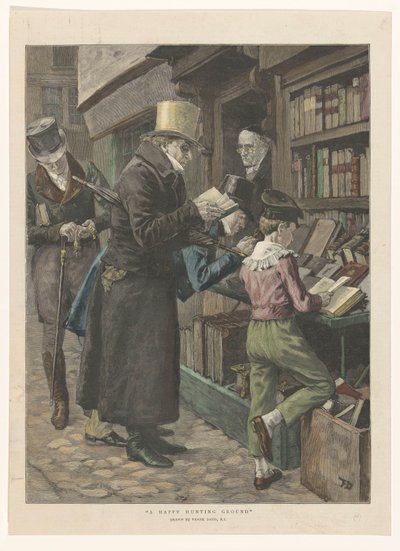 Three Men and a Boy in Front of a Bookstore Display, the Owner in the Doorway by Anonymous