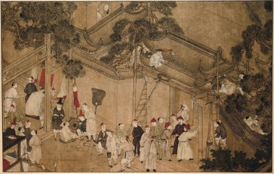 A temple with construction workers at work by Anonymous