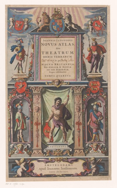 Facade with Personifications of Five Population Groups, Title Page for: Johannes Janssonius, Novus atlas, Sive theatrum (...) Tomus quartus, 1646 by Anonymous