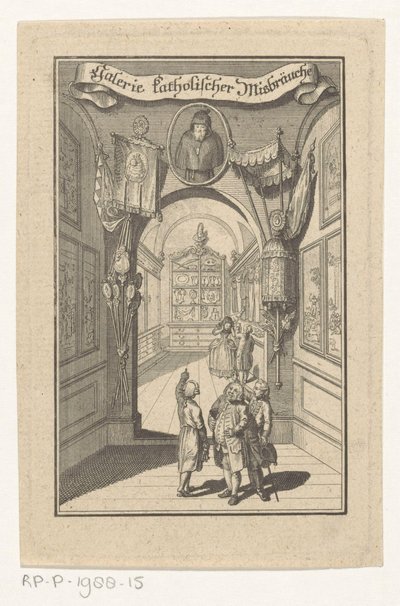 Figures in Gallery with Portrait and Liturgical Objects by Anonymous